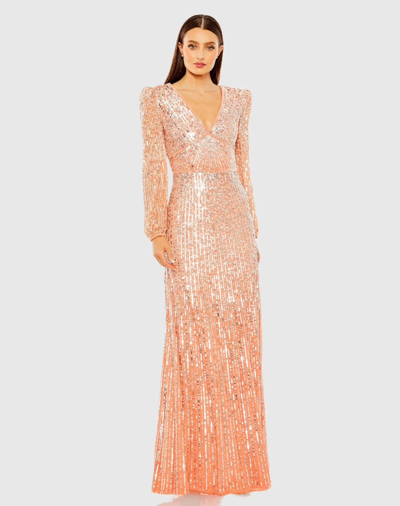 Mac Duggal Pink V Neck Empire Waist Puff Shoulder Sequin Embellished Gown #5643 Peach 