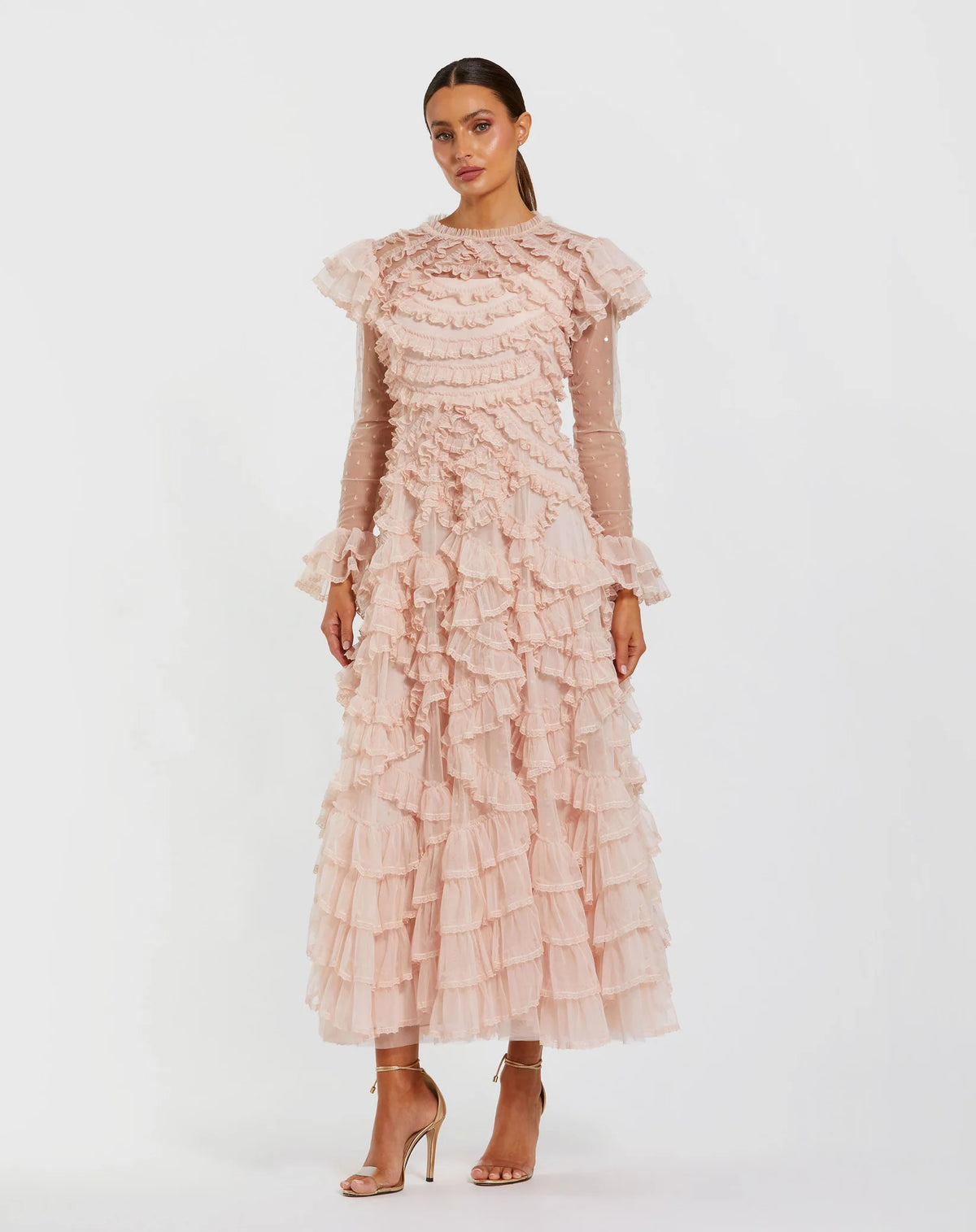Mac Duggal Pink Tiered Ruffle Trim Long Sleeve Midi Dress  Porcelain #8274 
