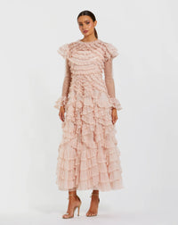 Mac Duggal Pink Tiered Ruffle Trim Long Sleeve Midi Dress  Porcelain #8274 