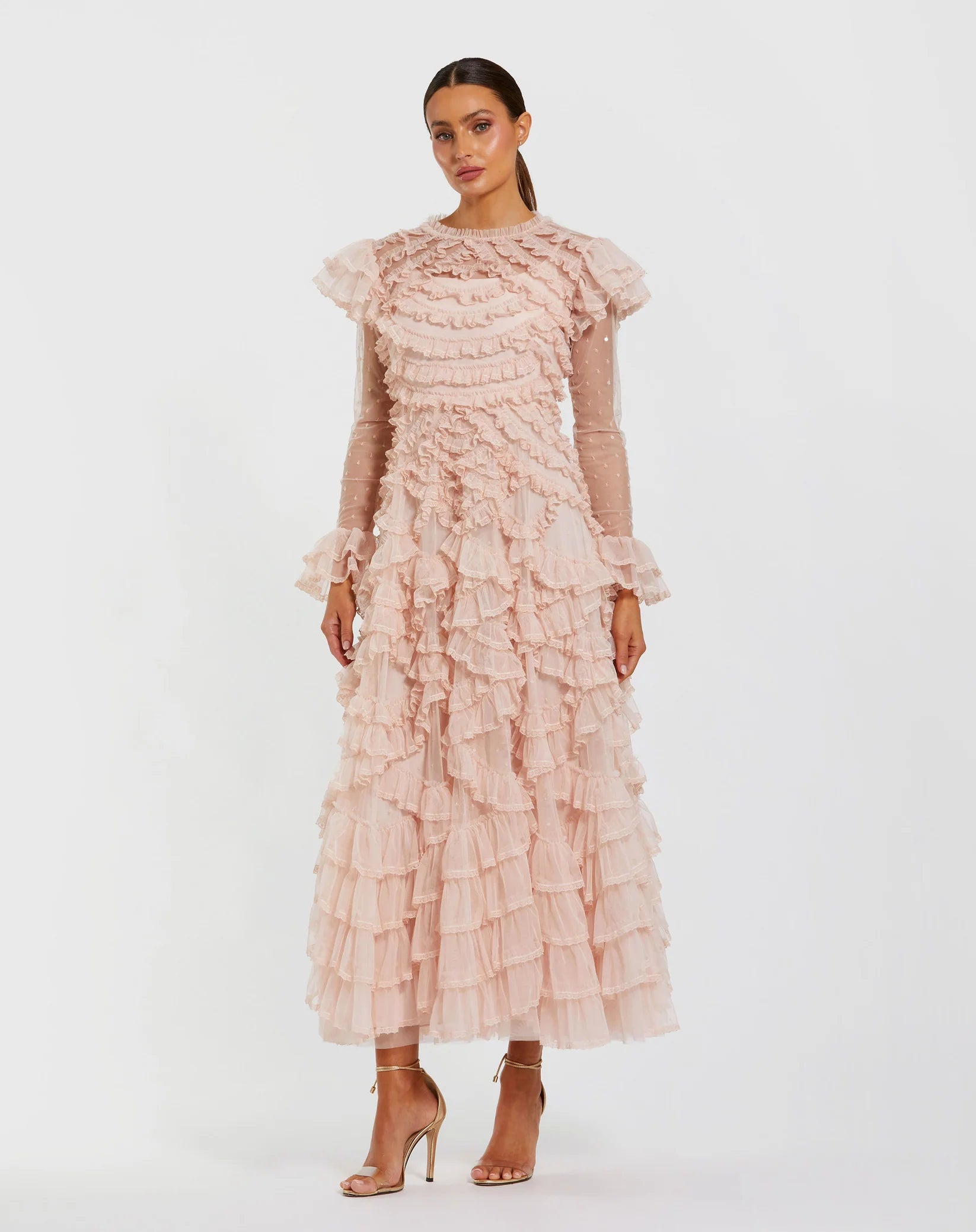 Mac Duggal Pink Tiered Ruffle Trim Long Sleeve Midi Dress  Porcelain #8274 