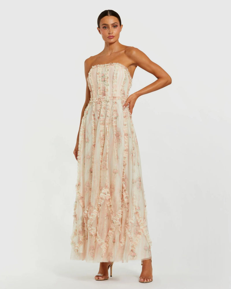 Mac Duggal Pink and White Micro Ruffle Mesh Strapless Dress #8308