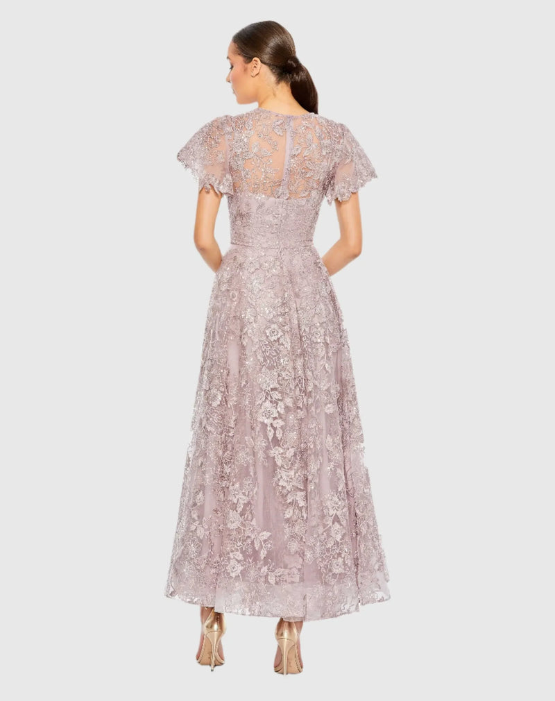 Embroidered High Neck A Line Dress - Lilac