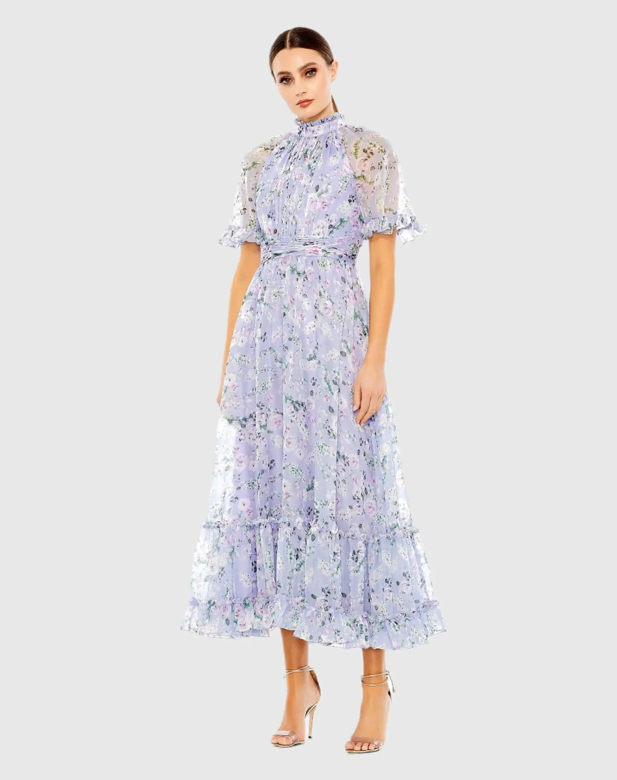 Mac Duggal Purple Floral Print High Neck Raglan Sleeve Dress  #68259