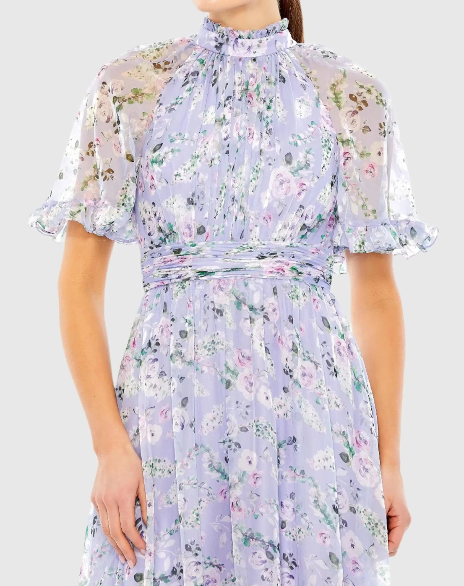 mac duggal ruffled high-neck raglan-sleeve printed chiffon dress Chiffon Ruched Illusion Raglan Sleeve Ruffled Gown