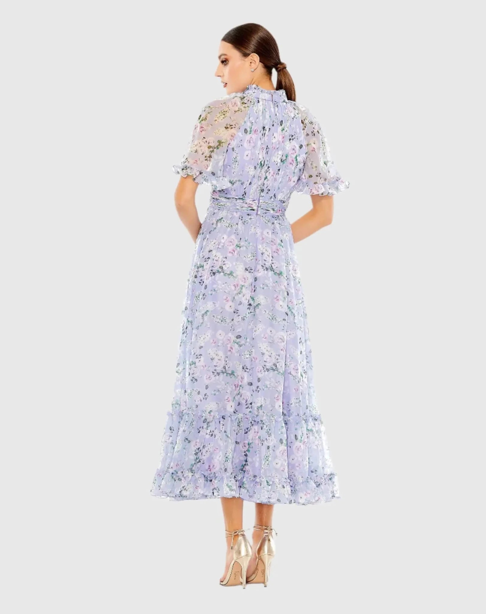 mac duggal ruffled high-neck raglan-sleeve printed chiffon dress Mac Duggal CHIFFON RUCHED ILLUSION RAGLAN SLEEVE RUFFLED GOWN