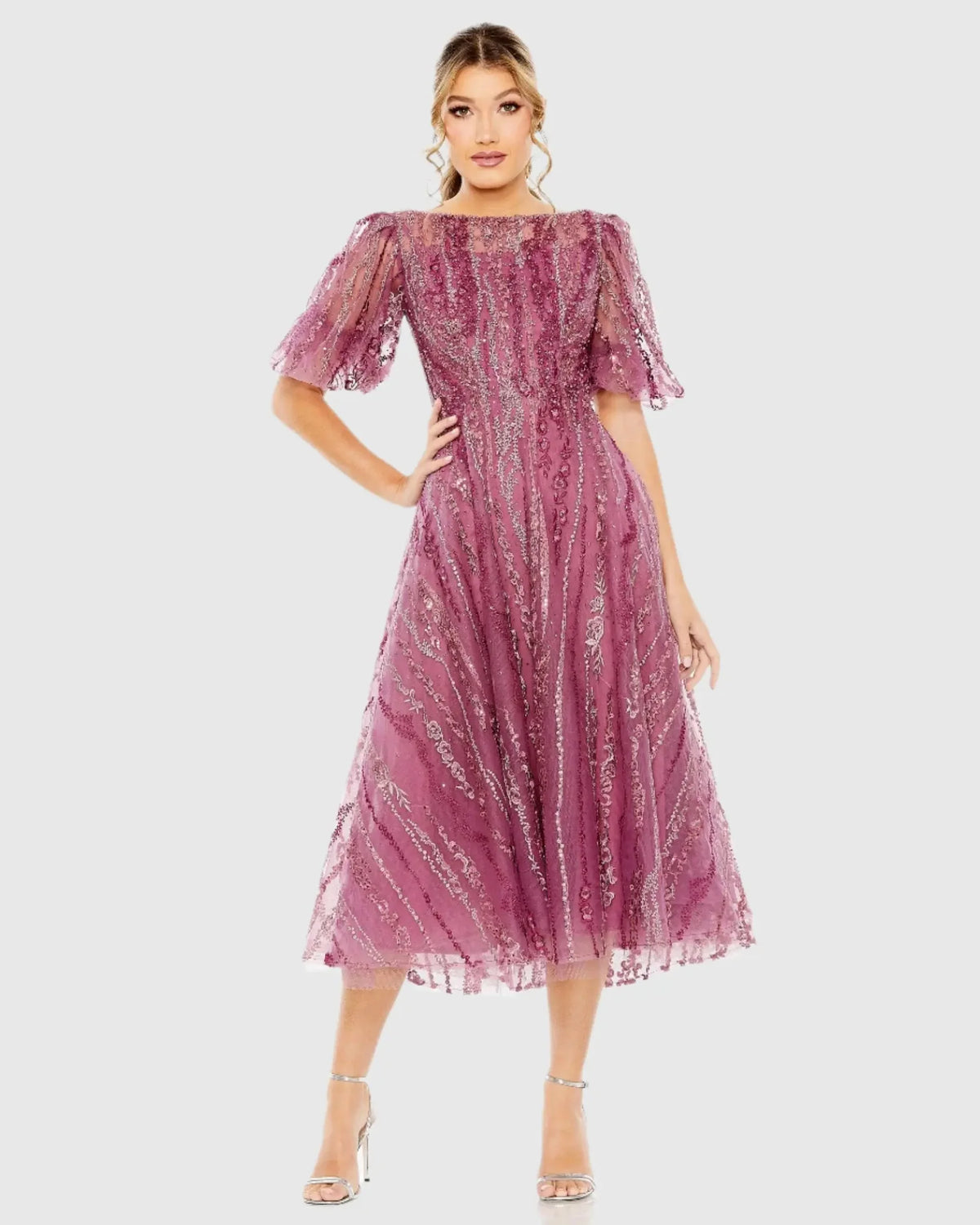 Mac Duggal High Neck Puff Sleeve Embellished A Line Dress Berry Red #20485