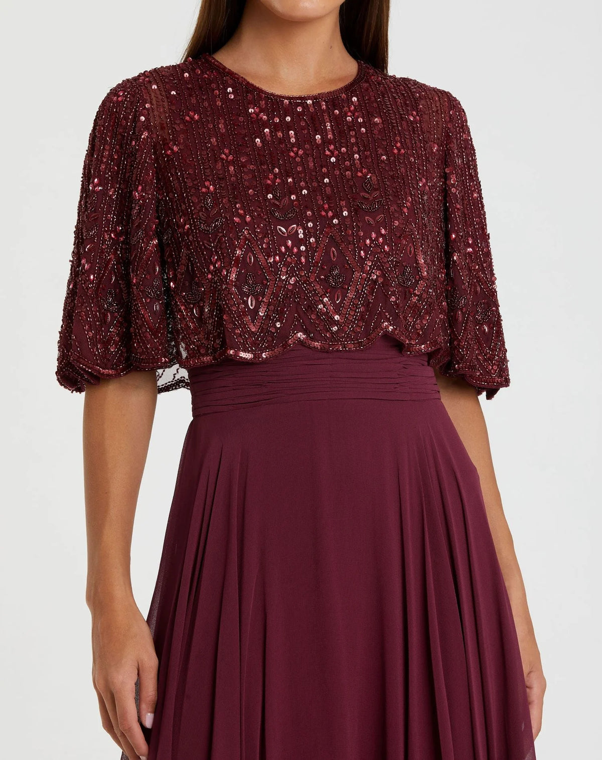 Beaded Overlay A-Line Gown - Red