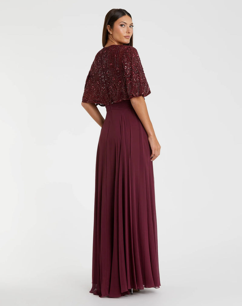 Beaded Overlay A-Line Gown - Red
