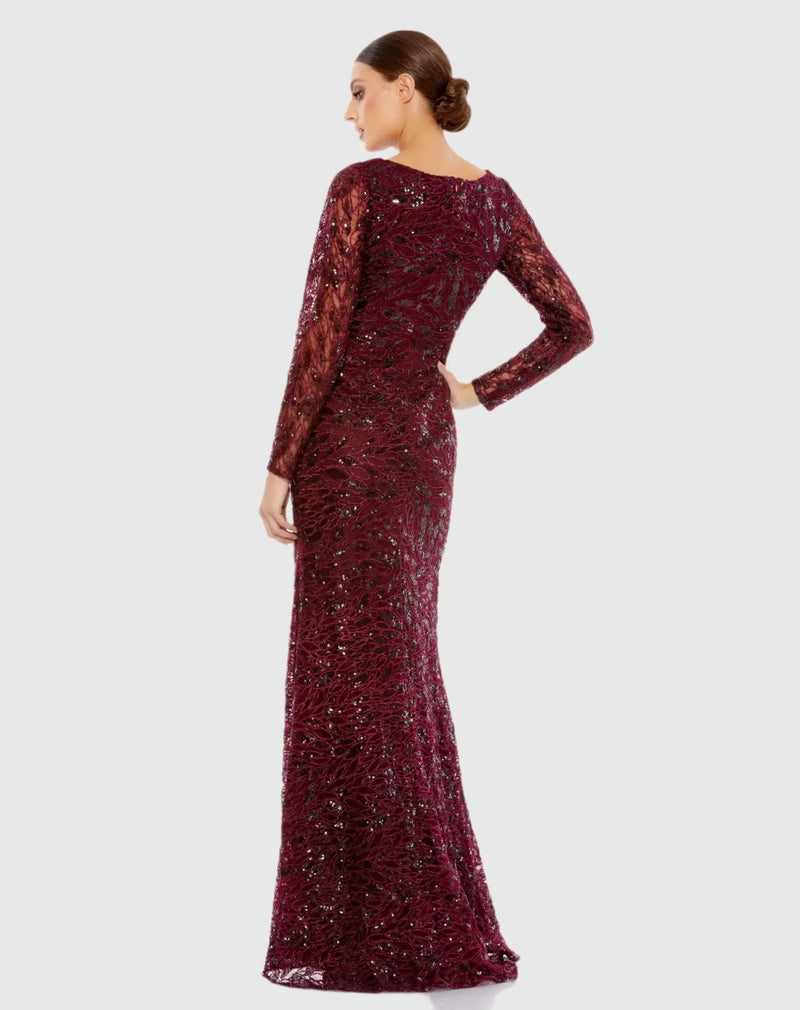 Long Sleeve Ruched Sequined V-Neck Gown - Garnet