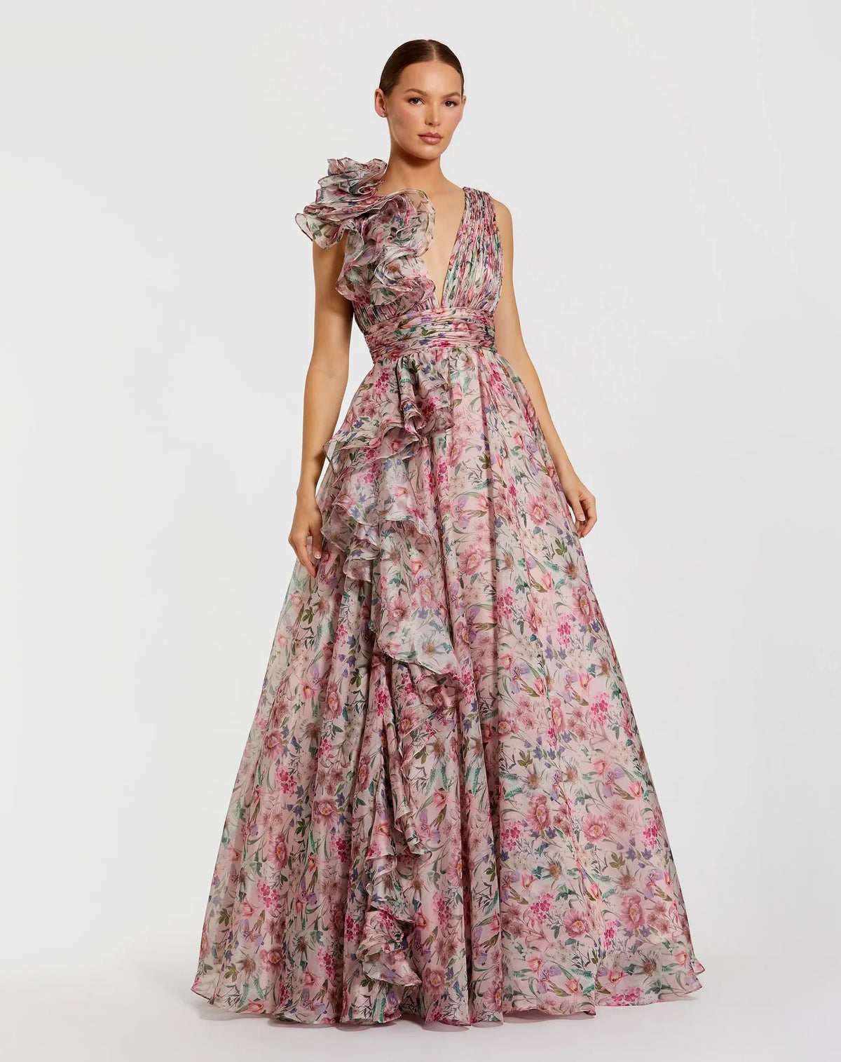 Mac Duggal Pink Ruffle Shoulder V-Neck Printed Chiffon Gown #68947