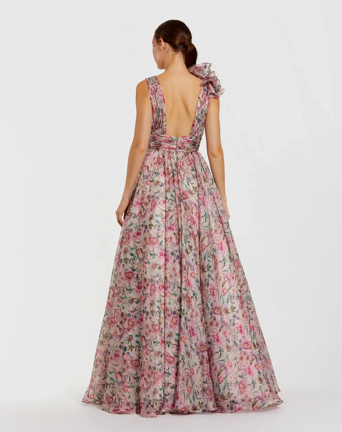 Ruffle Shoulder V-Neck Printed Chiffon Gown - Wine