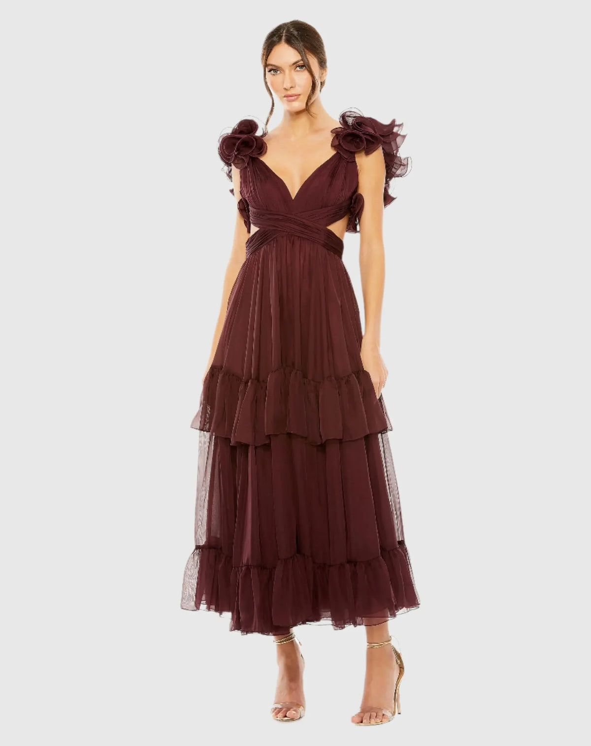 Mac Duggal Red and Pink Ruffle Tiered Cut-Out Chiffon Midi Dress #68643 Bordeaux