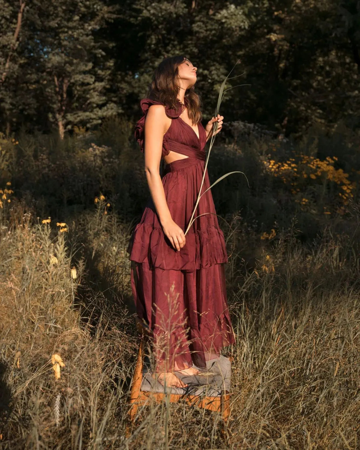 Ruffle Cut-Out Midi Dress - Brown