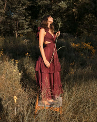 Ruffle Cut-Out Midi Dress - Brown