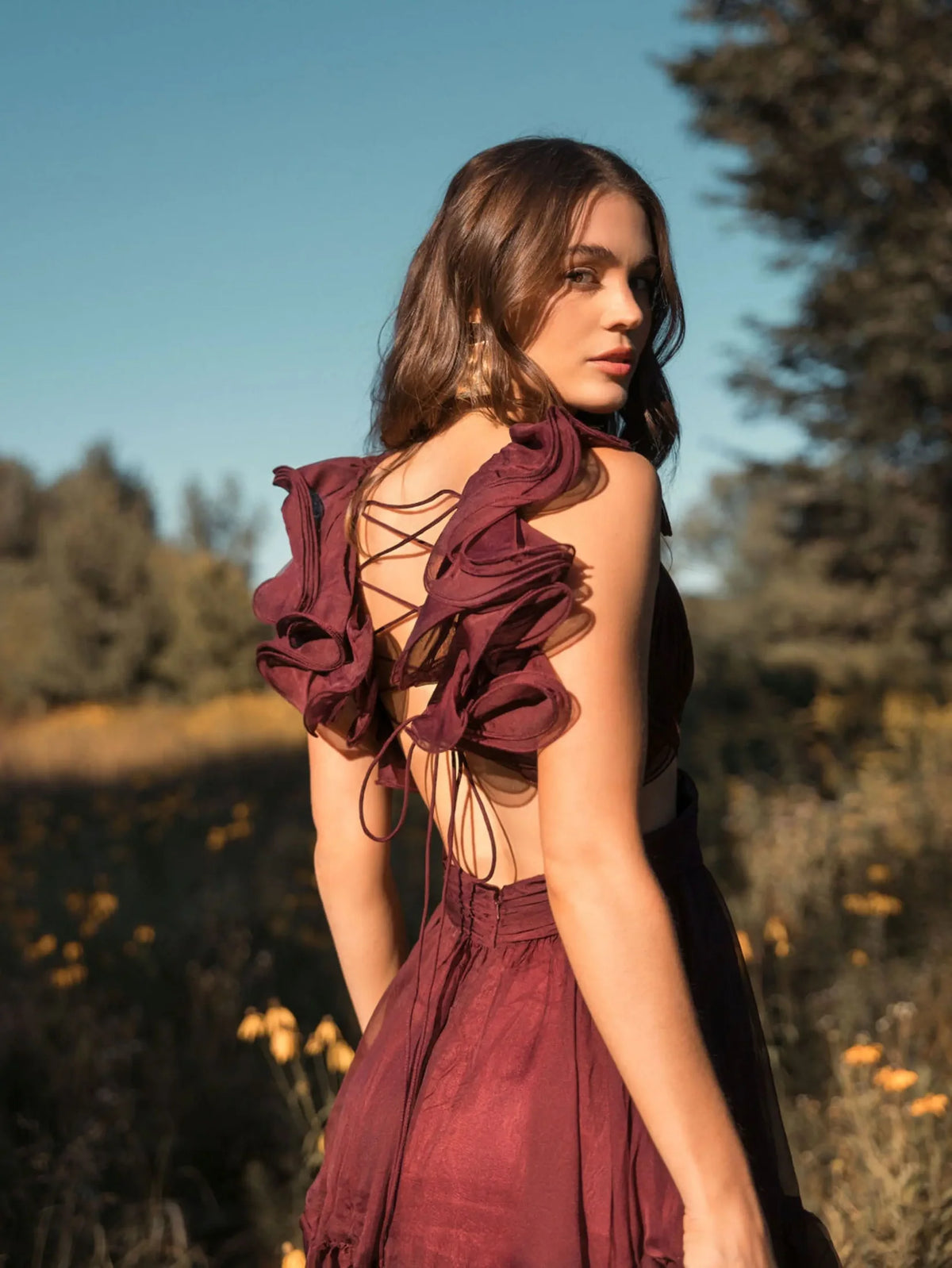 Ruffle Cut-Out Midi Dress - Brown
