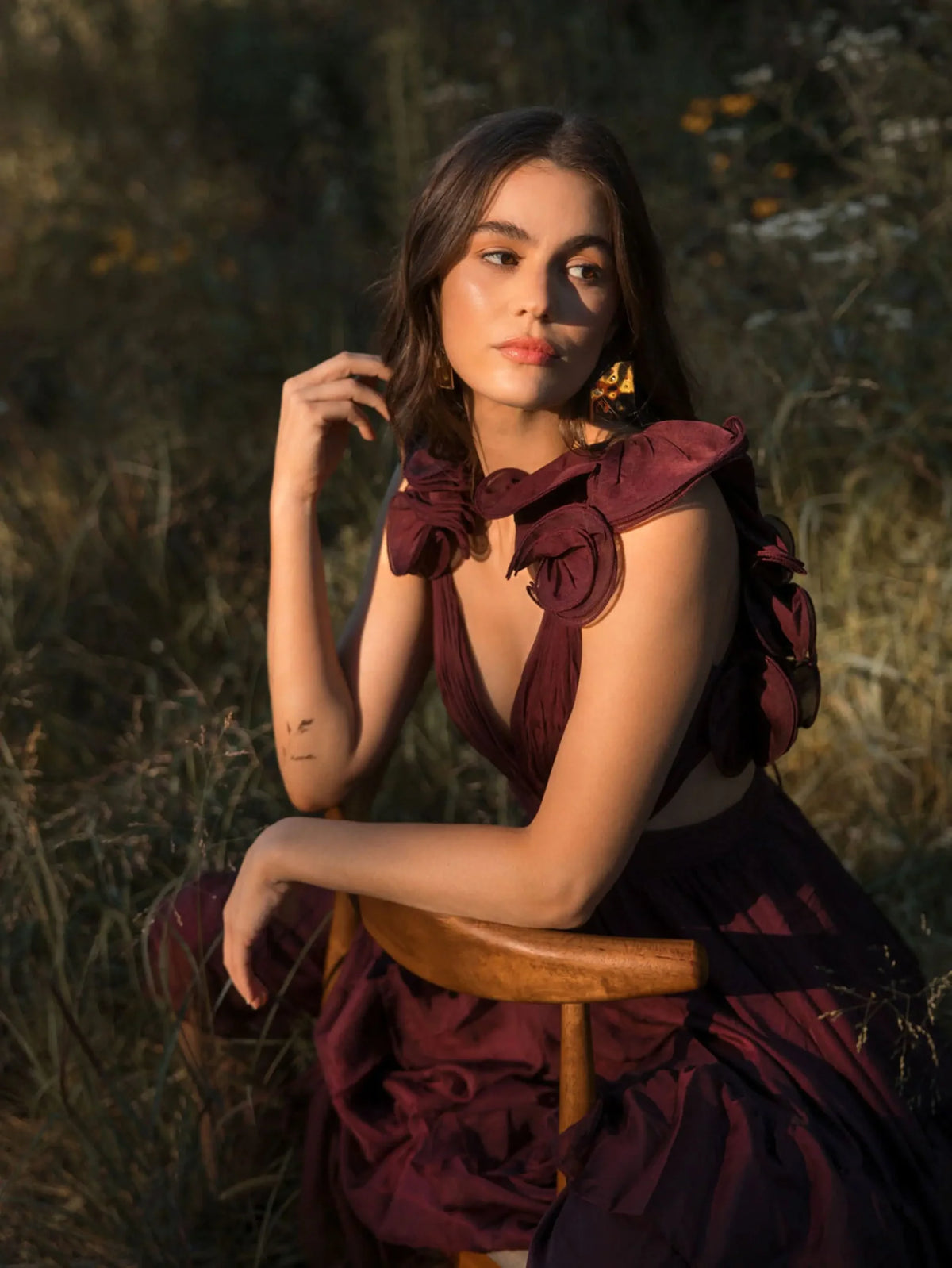 Ruffle Cut-Out Midi Dress - Brown
