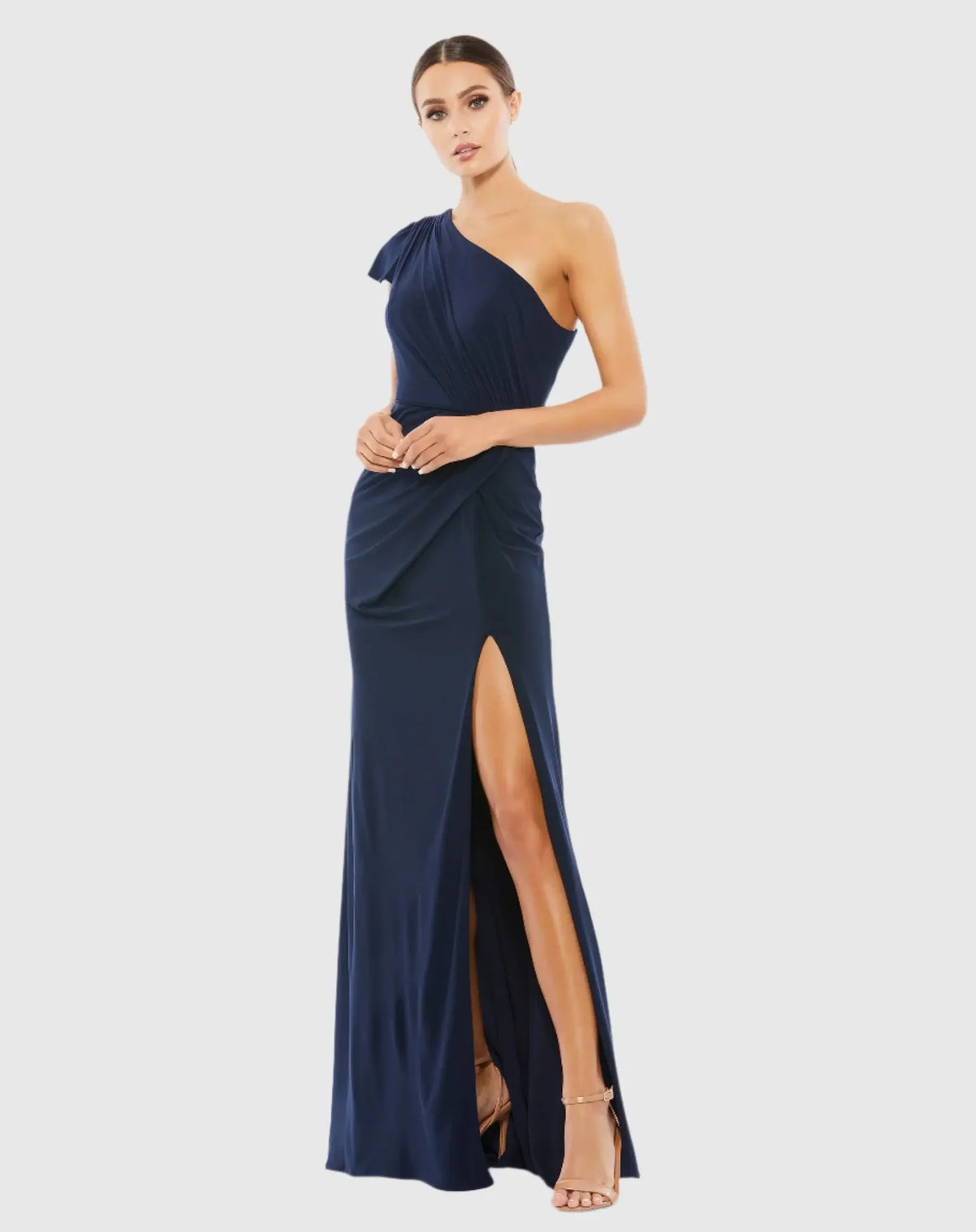 Mac Duggal Navy Ruffled One Shoulder Draped Gown #67858 Midnight Blue |
