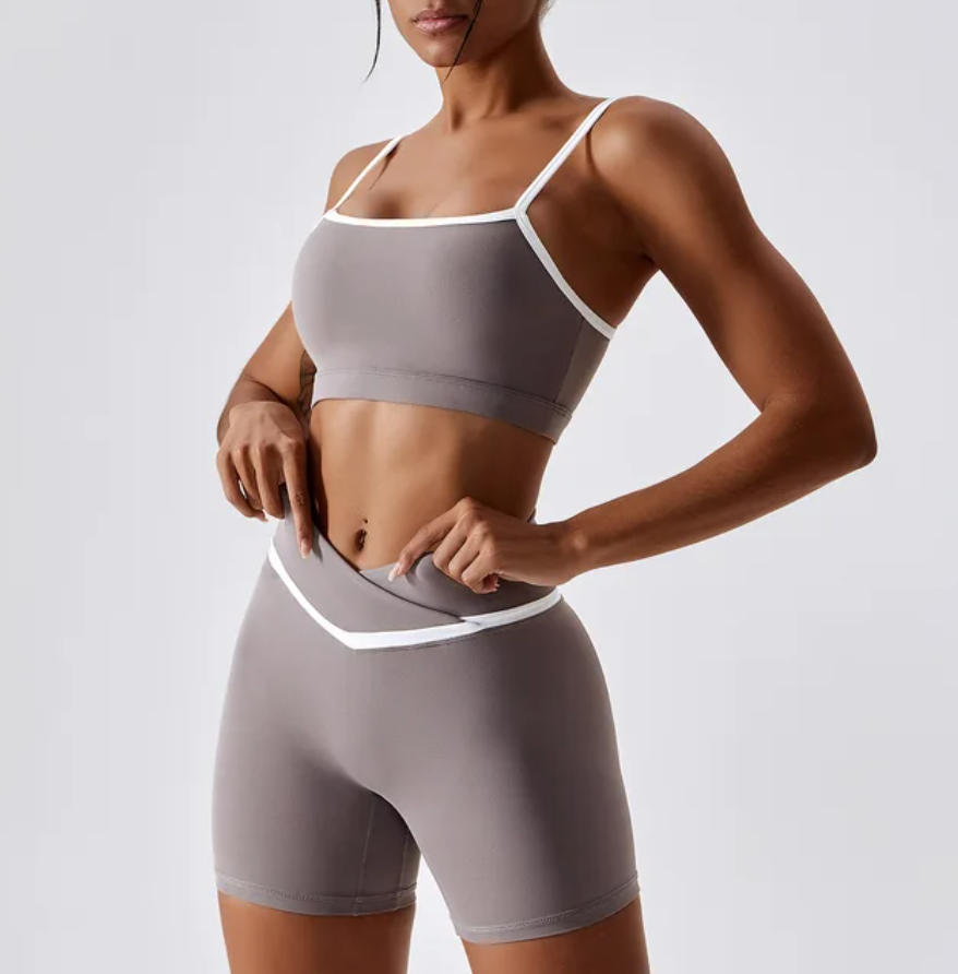 Grey & White Piping Gym Shorts & Cropped Top Set