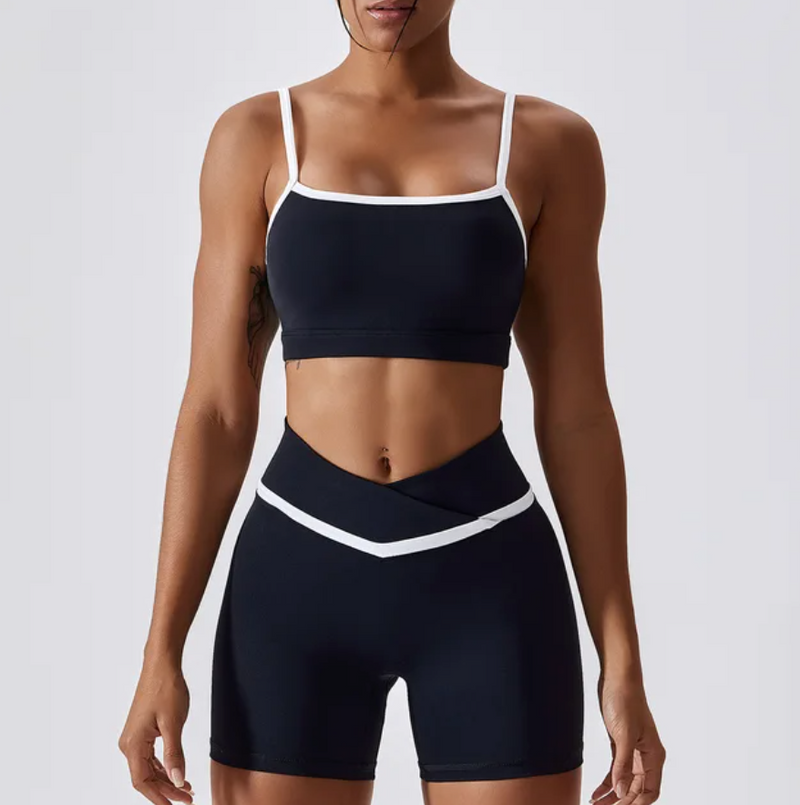 Grey & White Piping Gym Shorts & Cropped Top Set