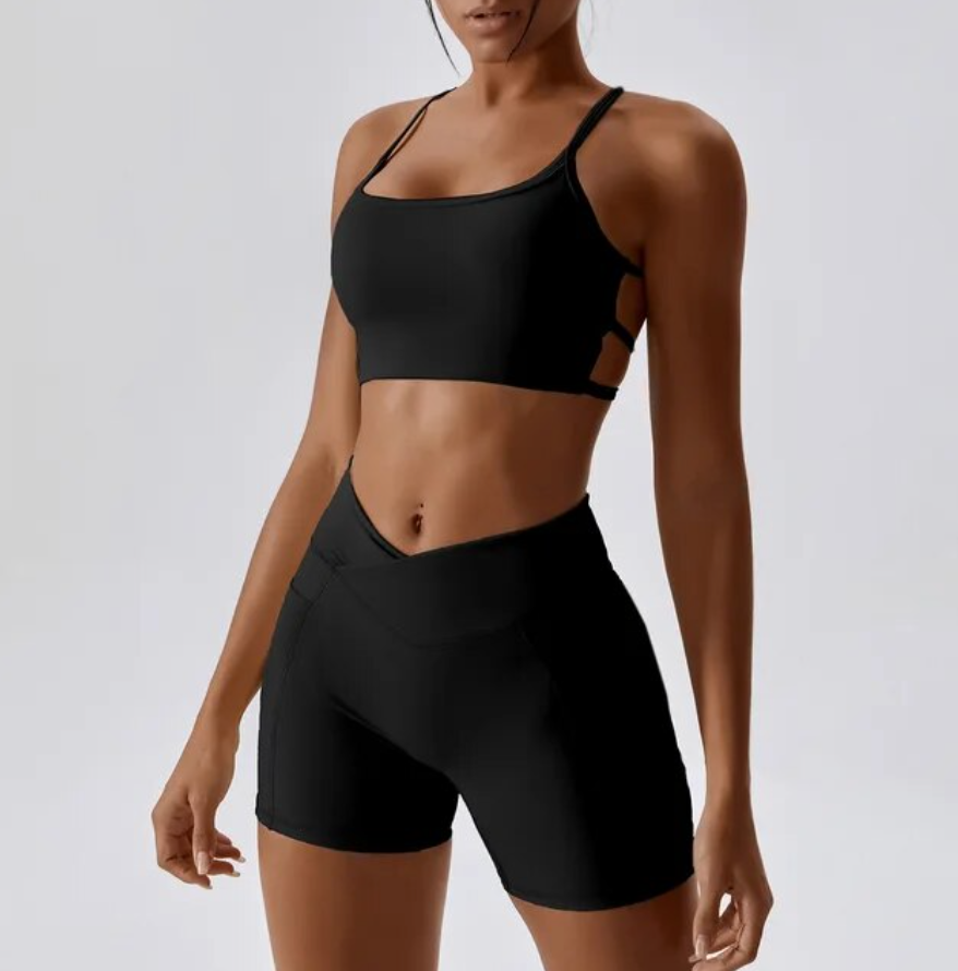 Black V Front Shorts & Backless Strappy Cropped Seamless Gym Set
