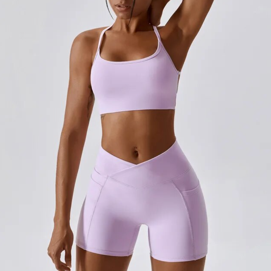 Lilac V Front Shorts & Backless Strappy Cropped Seamless Gym Set