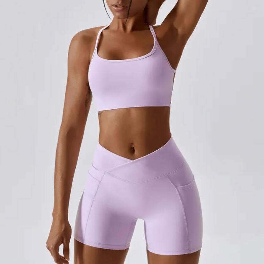 Black V Front Shorts & Backless Strappy Cropped Seamless Gym Set