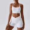 Navy V Front Shorts & Backless Strappy Cropped Seamless Gym Set