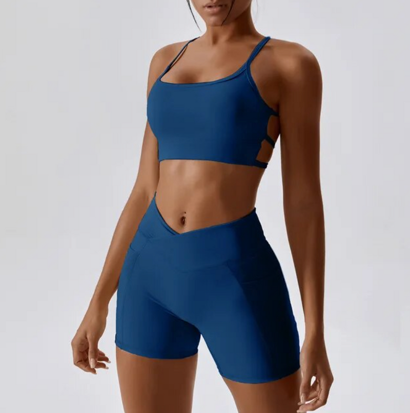 Navy V Front Shorts & Backless Strappy Cropped Seamless Gym Set