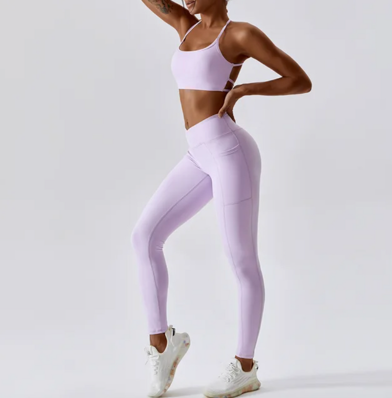 Lilac V Front Leggings & Backless Strappy Cropped Seamless Gym Set