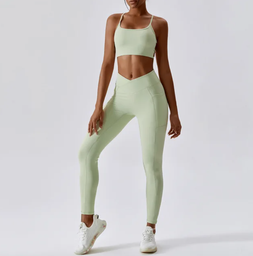 Lime V Front Leggings & Backless Strappy Cropped Seamless Gym Set