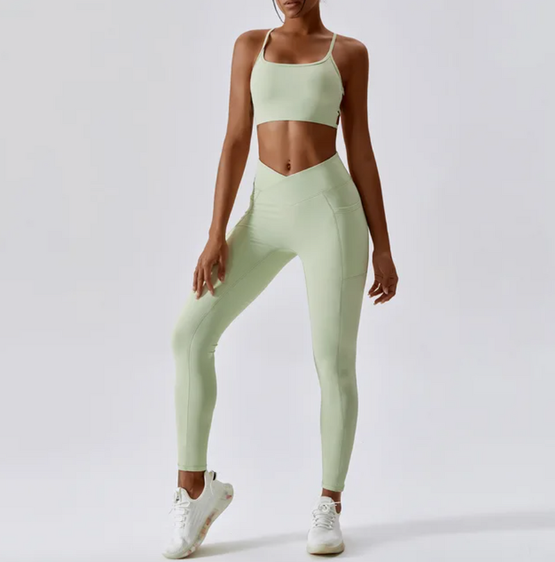 Lime V Front Leggings & Backless Strappy Cropped Seamless Gym Set