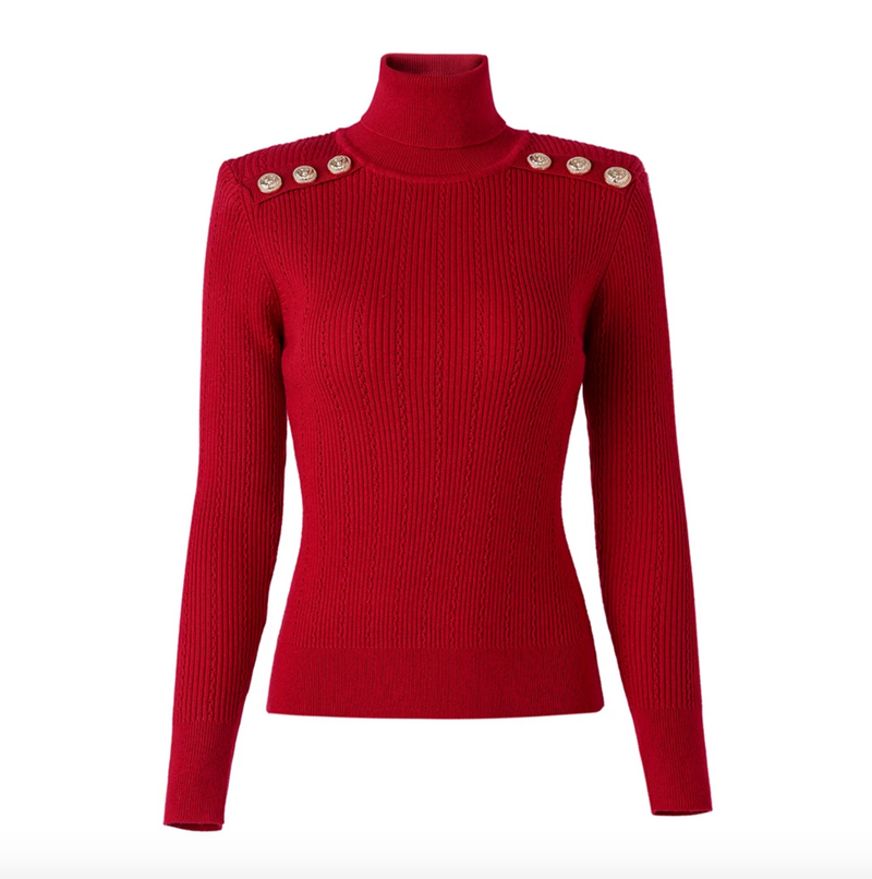 balmain inspired button detailed rollneck sweater is a sexy and sophisticated jumper made from soft ribbed knit, medium stretch fabric with beautiful button detailing. This turtleneck sweater is available in a series of colours and can be worn either casually or dressed up!  red