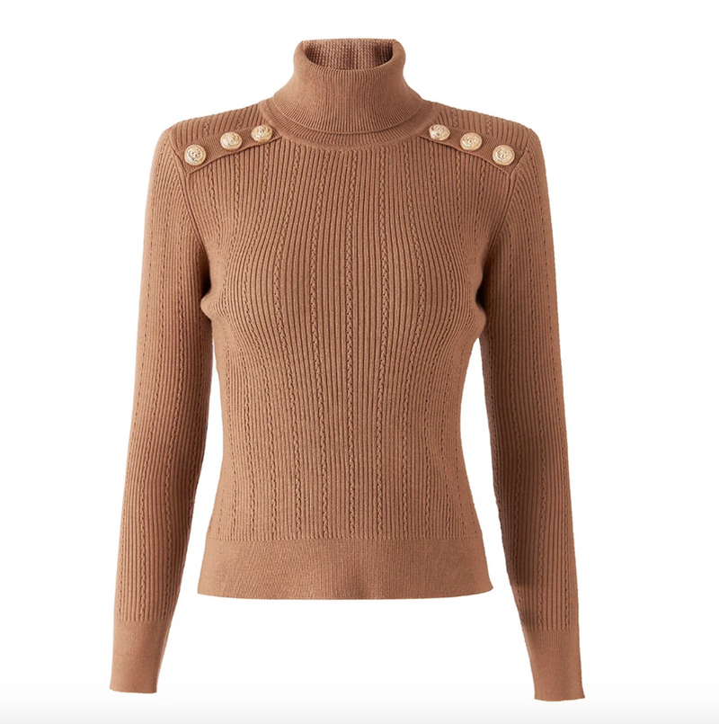balmain inspired button detailed rollneck sweater is a sexy and sophisticated jumper made from soft ribbed knit, medium stretch fabric with beautiful button detailing. This turtleneck sweater is available in a series of colours and can be worn either casually or dressed up! camel
