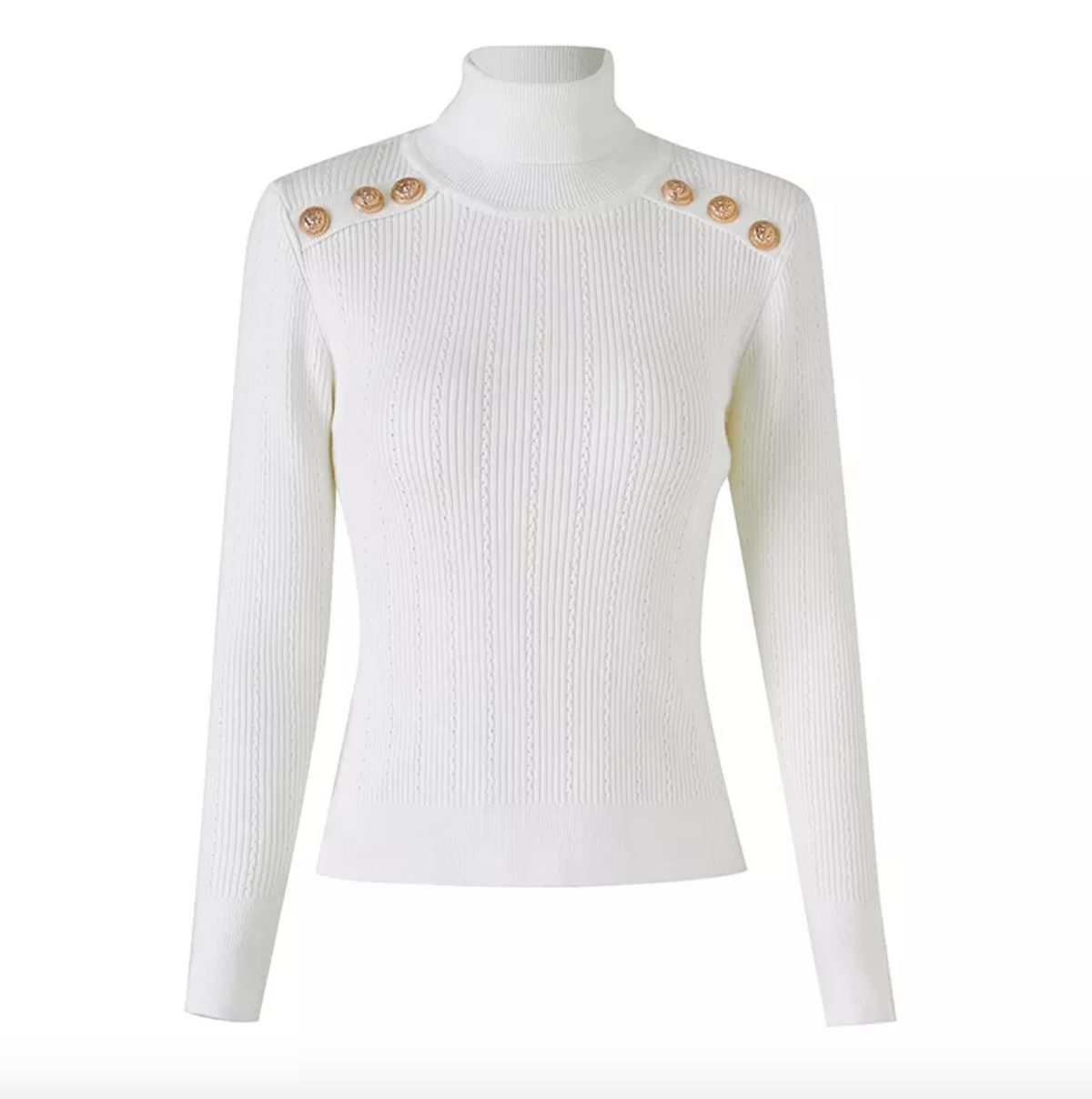 balmain inspired button detailed rollneck sweater is a sexy and sophisticated jumper made from soft ribbed knit, medium stretch fabric with beautiful button detailing. This turtleneck sweater is available in a series of colours and can be worn either casually or dressed up!  WHITE