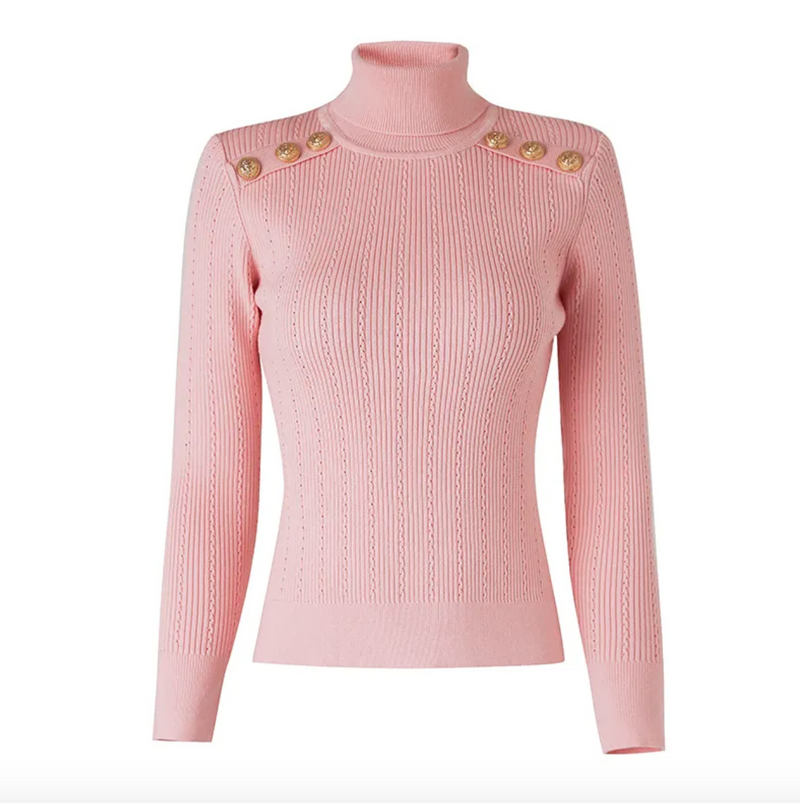 balmain inspired button detailed rollneck sweater is a sexy and sophisticated jumper made from soft ribbed knit, medium stretch fabric with beautiful button detailing. This turtleneck sweater is available in a series of colours and can be worn either casually or dressed up!  baby pink