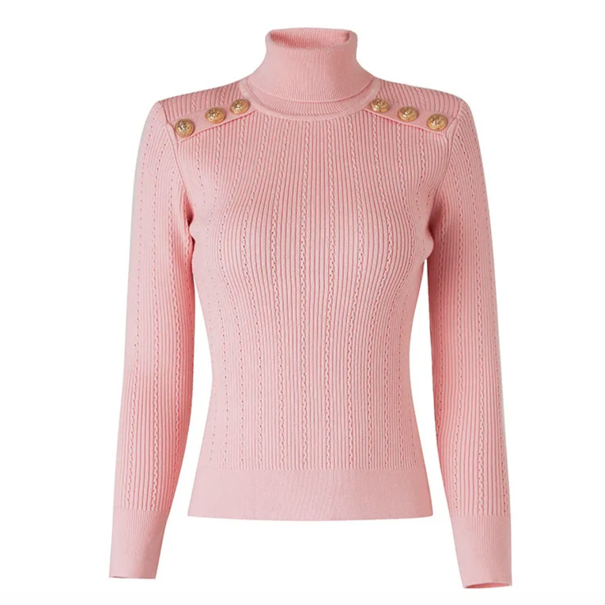 balmain inspired button detailed rollneck sweater is a sexy and sophisticated jumper made from soft ribbed knit, medium stretch fabric with beautiful button detailing. This turtleneck sweater is available in a series of colours and can be worn either casually or dressed up!  baby pink