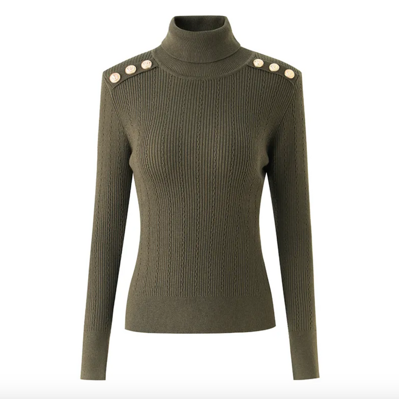balmain inspired button detailed rollneck sweater is a sexy and sophisticated jumper made from soft ribbed knit, medium stretch fabric with beautiful button detailing. This turtleneck sweater is available in a series of colours and can be worn either casually or dressed up!  khaki