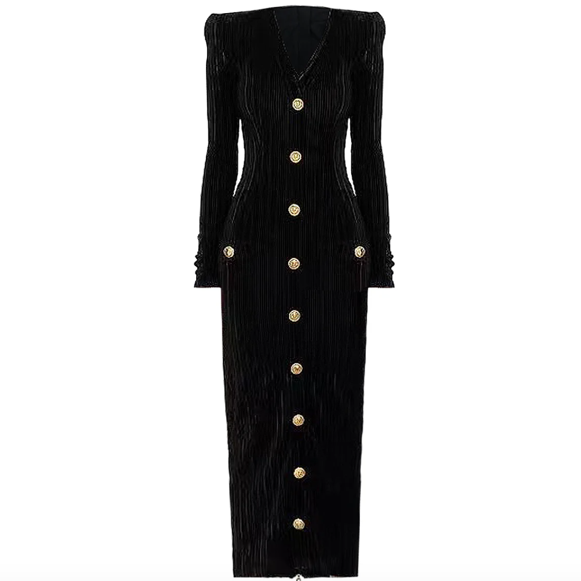 The Natalynska Bruletova dress is an elegant velvet, gold button detail, midi dress with long sleeves, a V neckline and a golden zip at the back. This form fitting dress can be dressed up or down! balmain inspired black