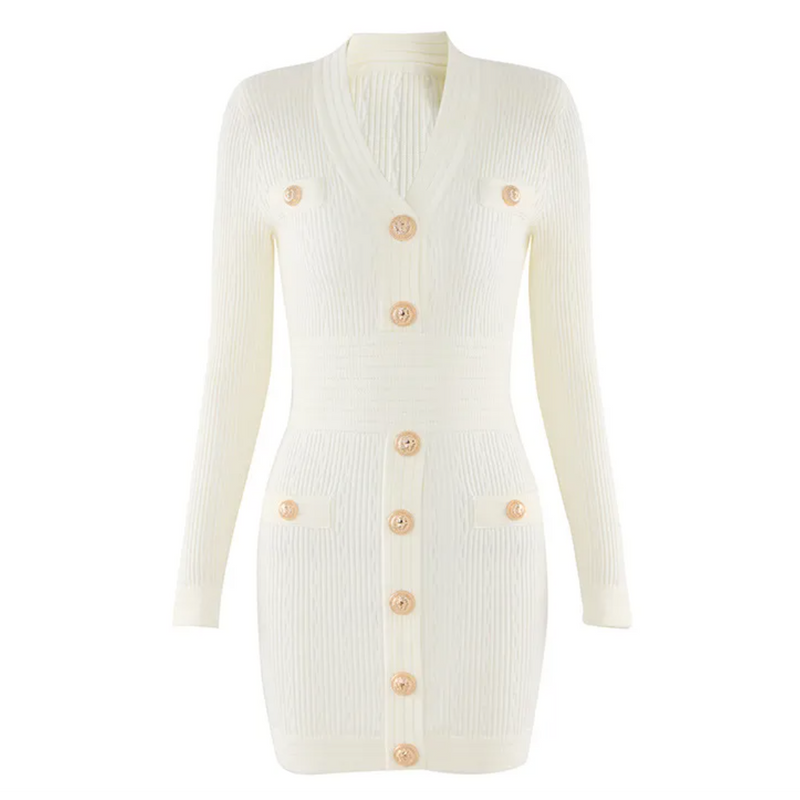 The Natalynska Sasha dress is an elegant long-sleeved mini dress with deep plunging neckline, and gold button detail. This sexy, sophisticated dress balmain inspired white