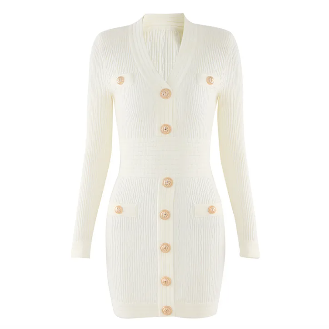 The Natalynska Sasha dress is an elegant long-sleeved mini dress with deep plunging neckline, and gold button detail. This sexy, sophisticated dress balmain inspired white