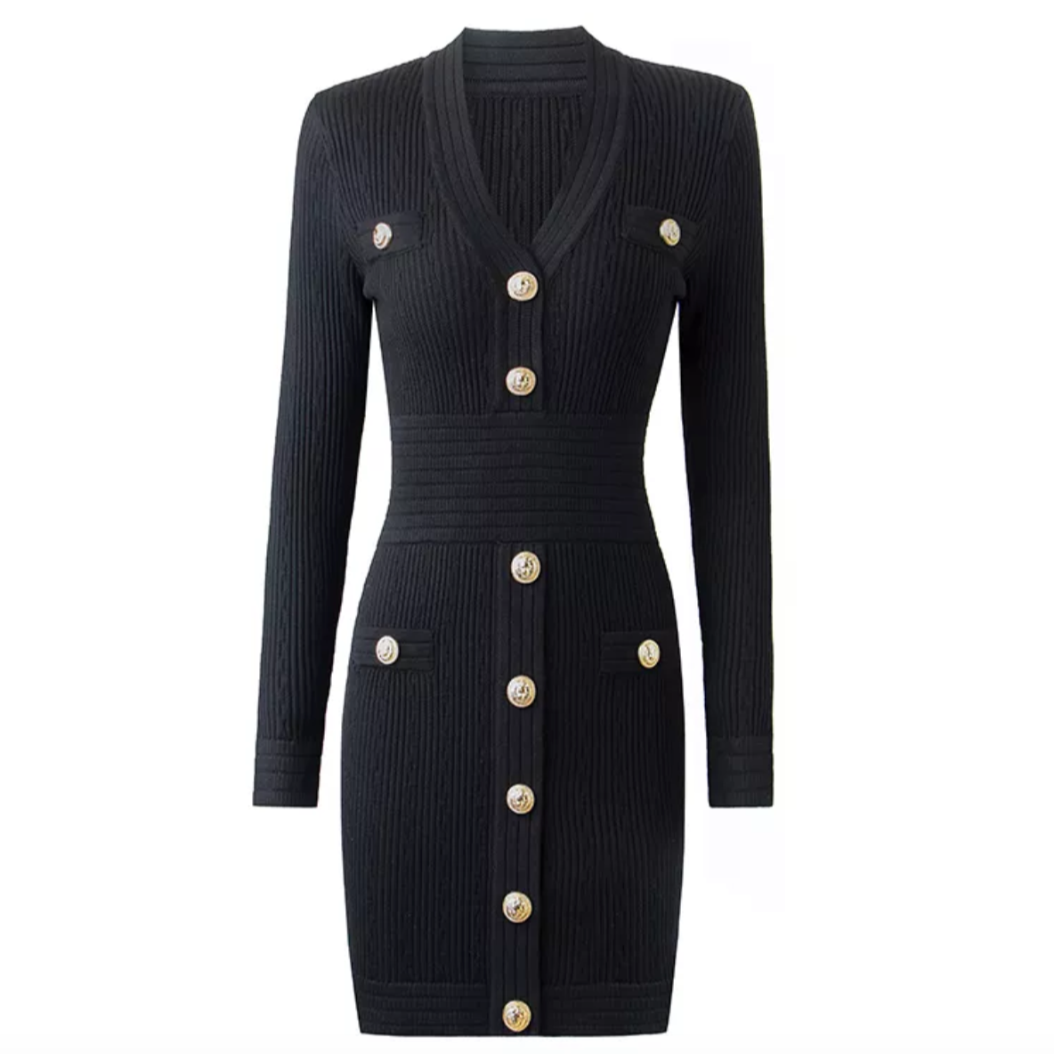 The Natalynska Sasha dress is an elegant long-sleeved mini dress with deep plunging neckline, and gold button detail. This sexy, sophisticated dress balmain inspired black