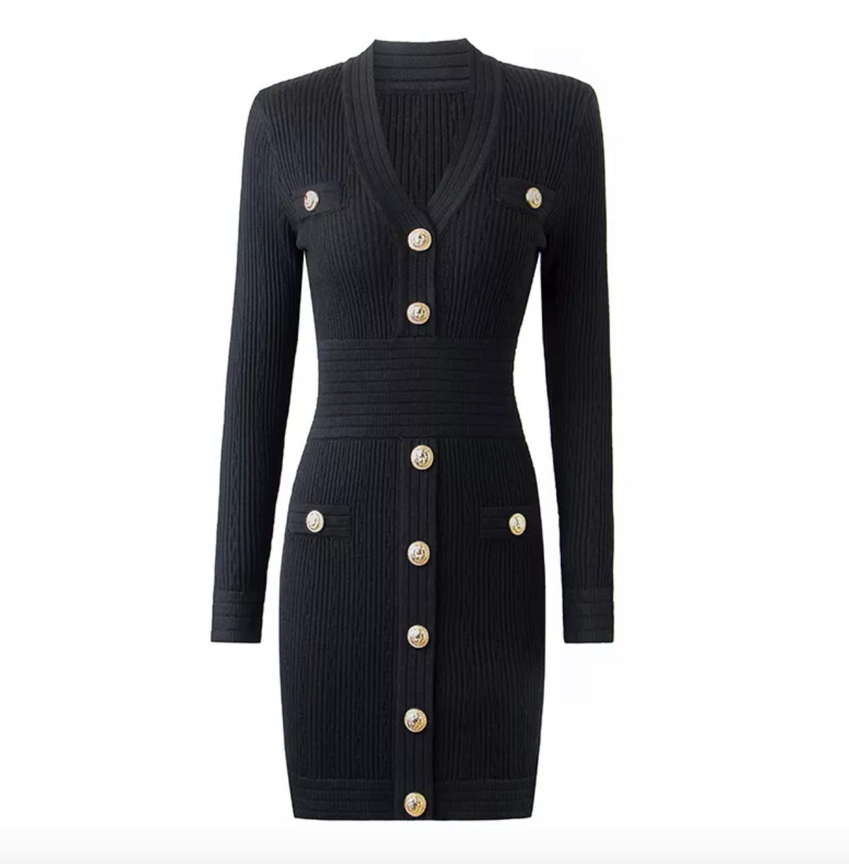 The Natalynska Sasha dress is an elegant long-sleeved mini dress with deep plunging neckline, and gold button detail. This sexy, sophisticated dress balmain inspired black