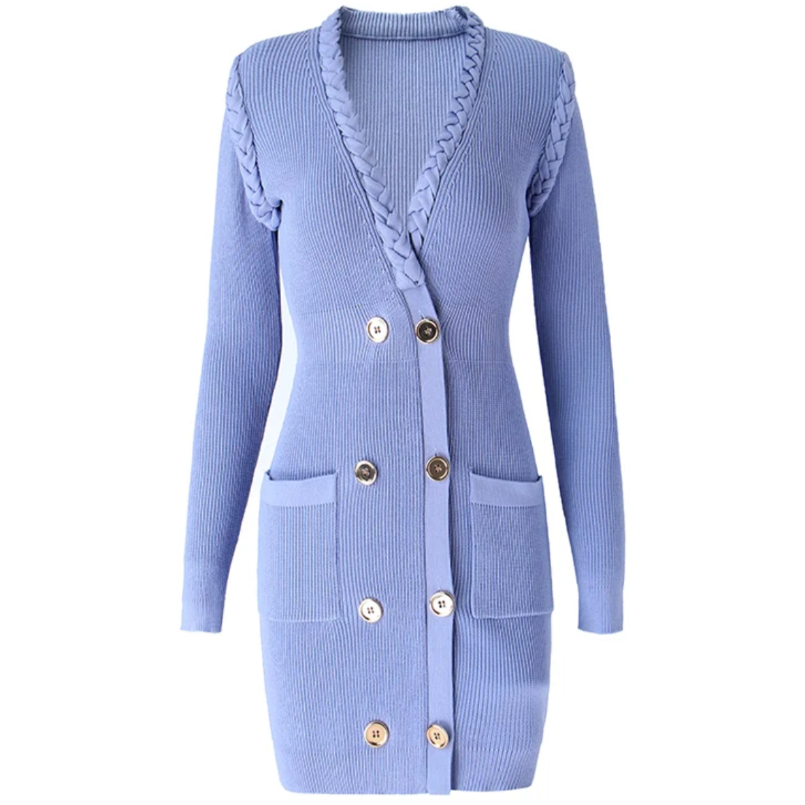 The Natalynska MALISHKA long sleeve, gold button detail mini knit dress with a plunging neckline and bodycon fit. balmain inspired blue