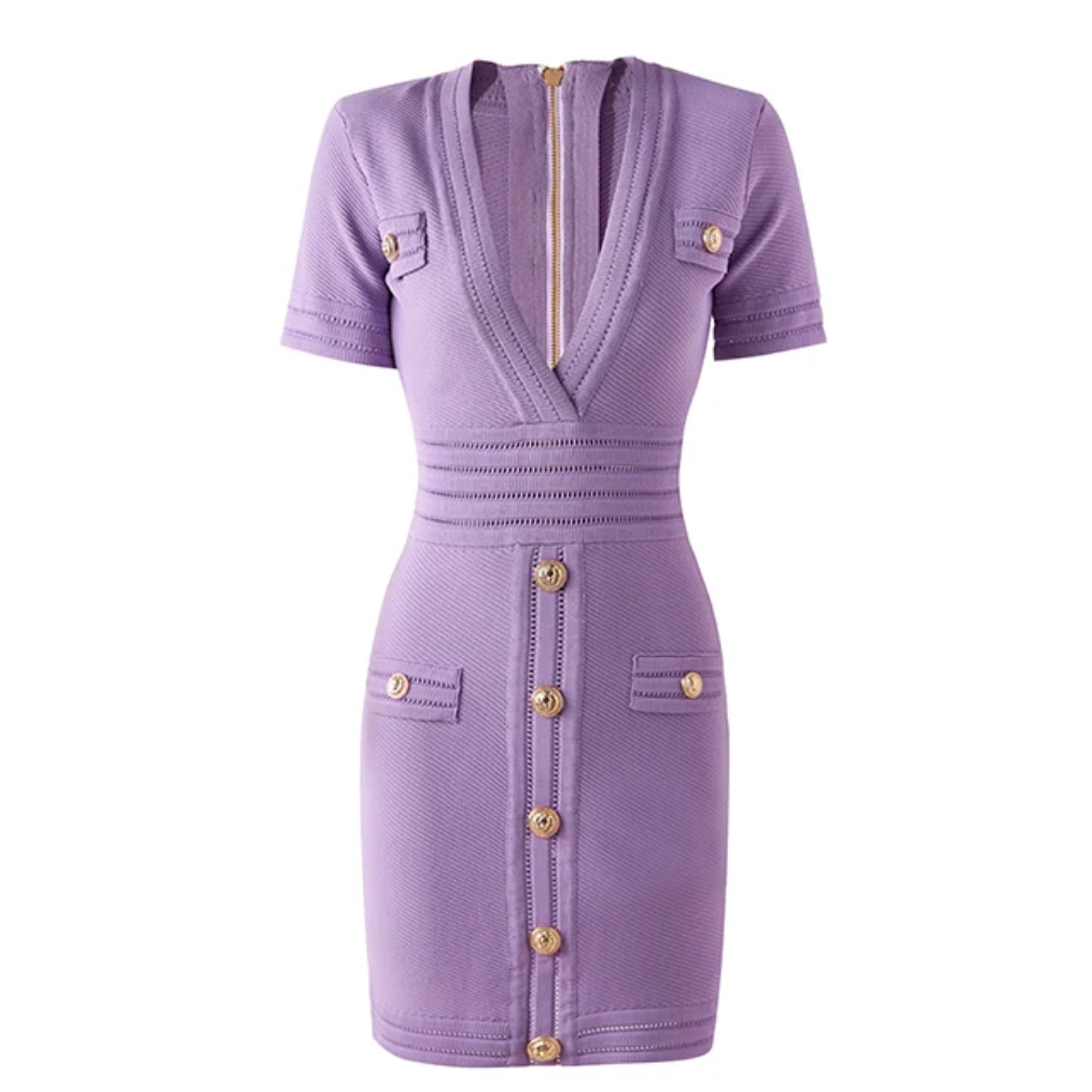 The Natalynska GALINA dress is a stunning short sleeved bodycon evening dress with banding detail at the centre to cinch in the waist and gold button detailing balmain inspired dress