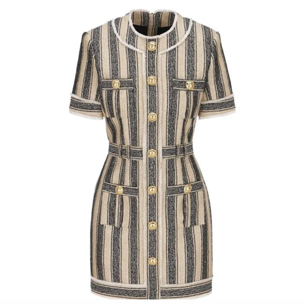 The Natalynska Loda dress is a sexy and fitted bodycon mini dress! Short sleeved with gold button detail this dress is sophisticated and elegant balmain inspired dress