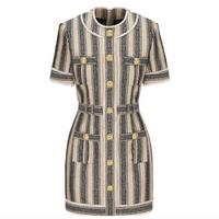 The Natalynska Loda dress is a sexy and fitted bodycon mini dress! Short sleeved with gold button detail this dress is sophisticated and elegant balmain inspired dress