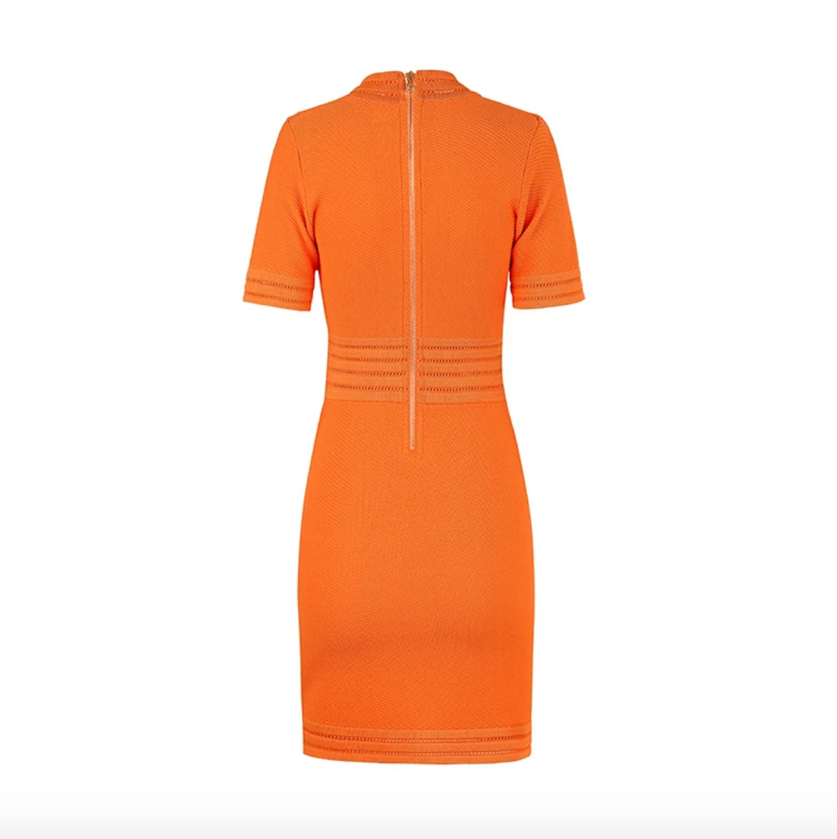 The Natalynska GALINA dress is a stunning short sleeved bodycon evening dress with banding detail at the centre to cinch in the waist and gold button detailing BALMAIN inspired dress hot orange