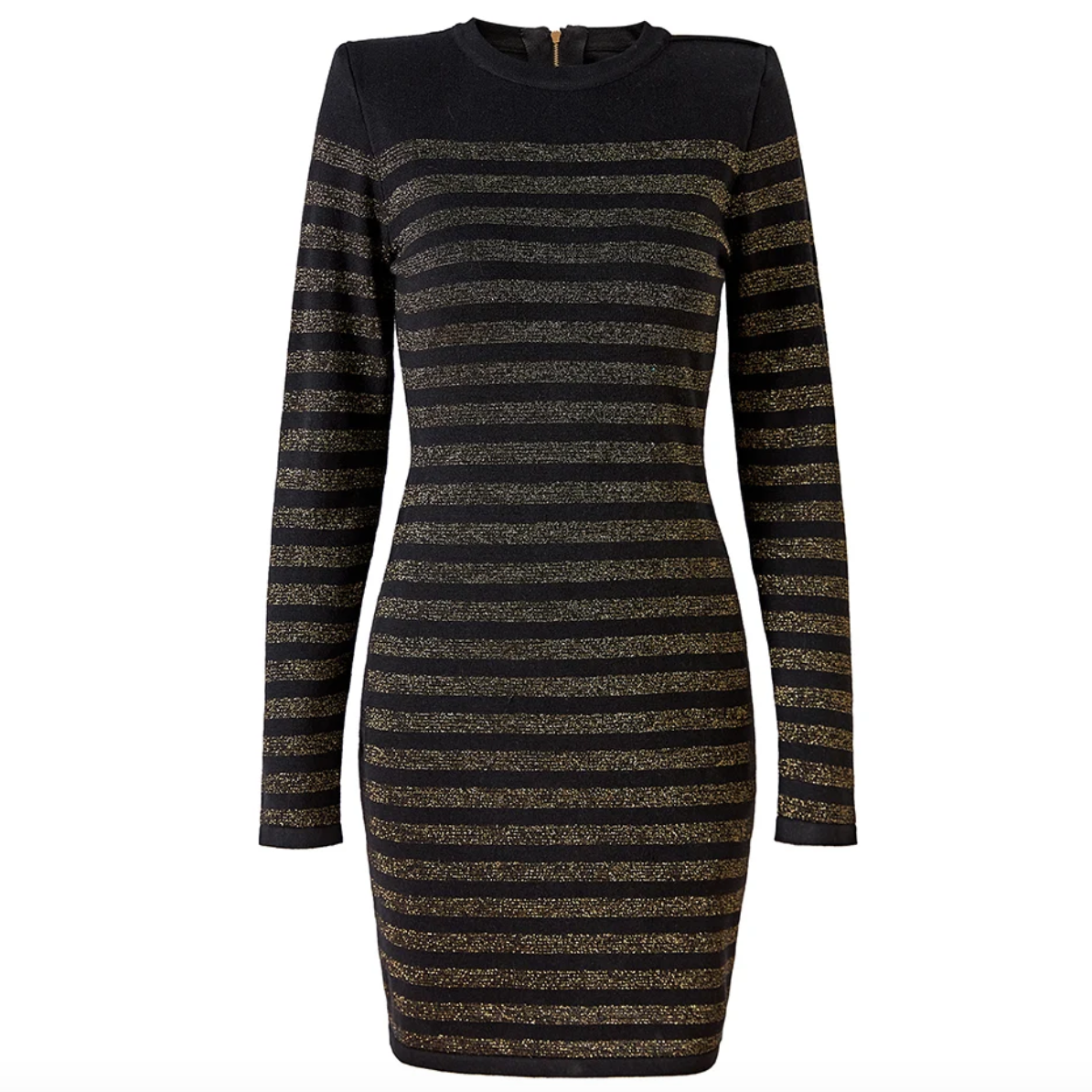 The Natalynska Zorba dress is a stunning long sleeve, bodycon, sexy fit mini dress with stripes and gold button detailing. 