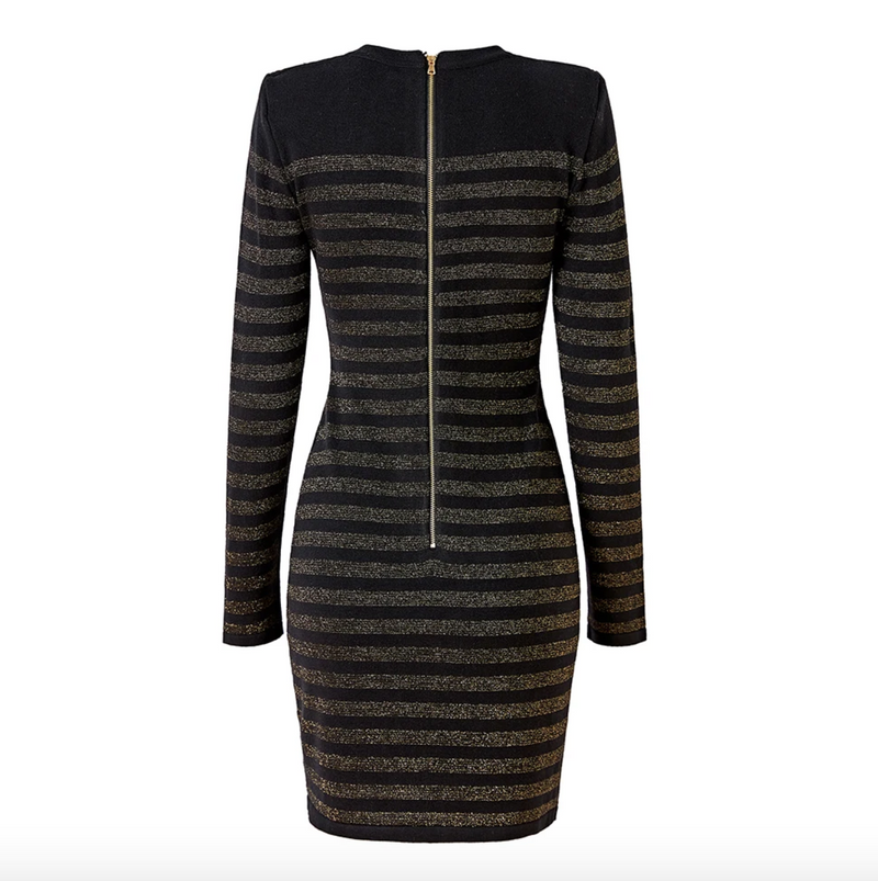 balmain inspired evening dress The Natalynska Zorba dress is a stunning long sleeve, bodycon, sexy fit mini dress with stripes and gold button detailing back