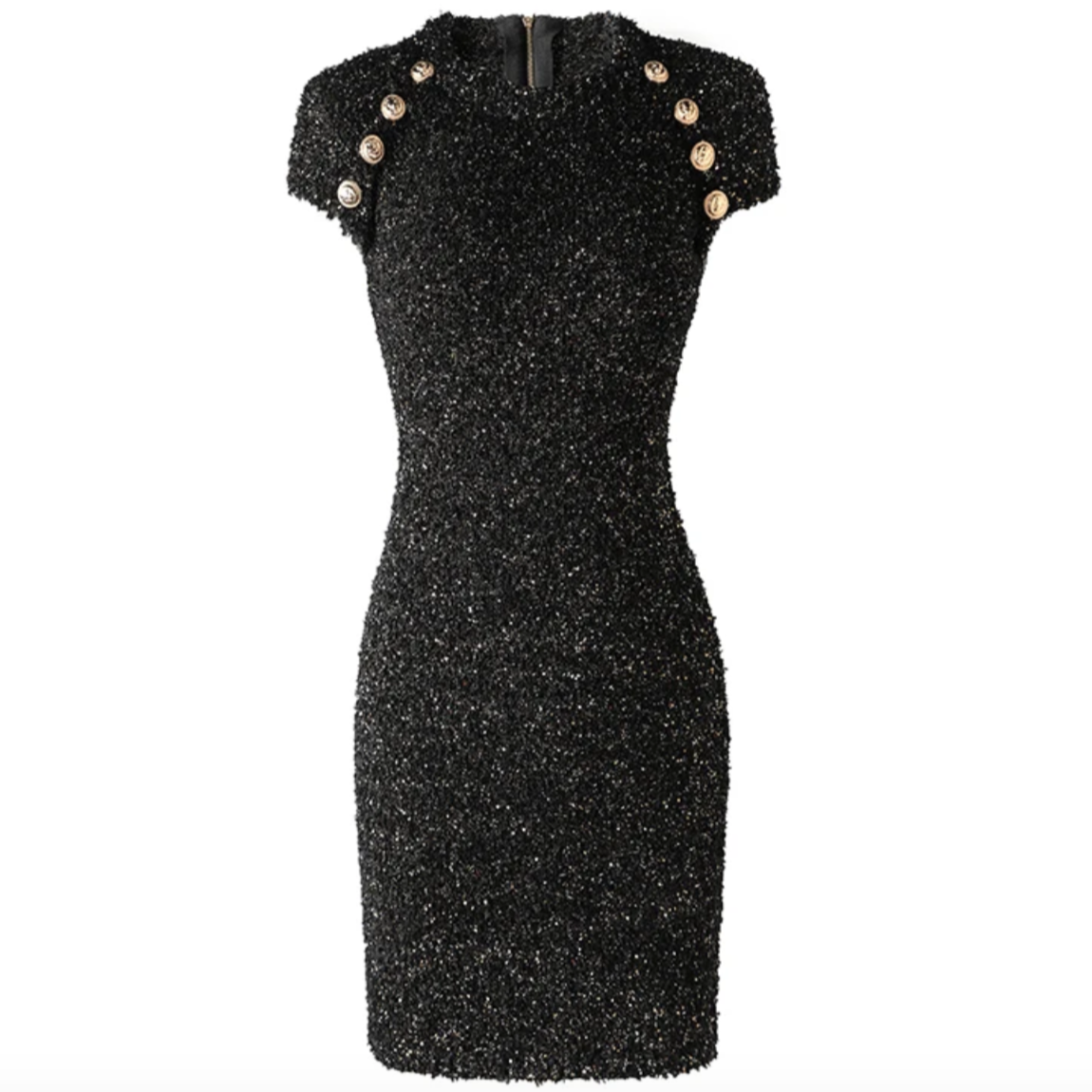 The Natalynska Angellina dress is a stunning short sleeve, mini dress with gold button details and boucle, clustered fabric with glittery threads. balmain inspired